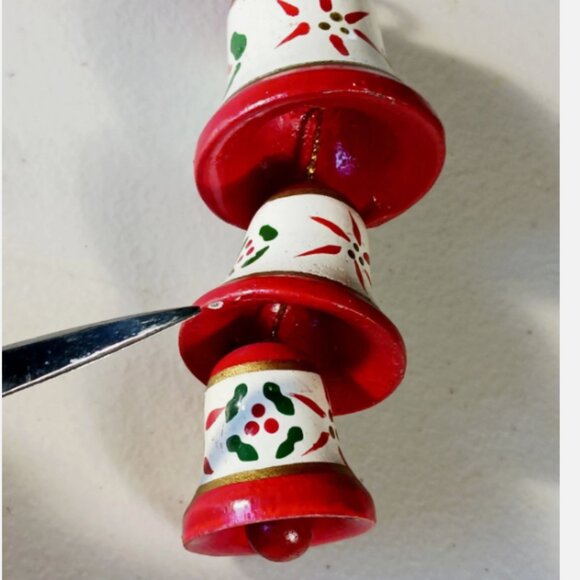 Vintage Christmas Bell Ornament Triple Bells Nested Hand Painted Wood Taiwan - Picture 7 of 7